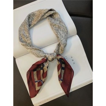 韓款時尚酒紅格子小方巾工作絲巾女百搭裝飾領巾頭巾工裝職業圍巾