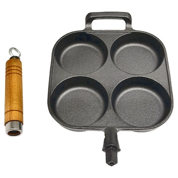 加深四孔鑄鐵煎蛋鍋 原生鐵花梨木手柄 無塗層不粘鍋 電磁爐瓦斯爐IH爐通用  39cm  1個