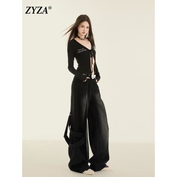 (免運)ZYZA美式復古闊腿牛仔褲女2026春季寬松低腰設計感工裝褲女款褲子