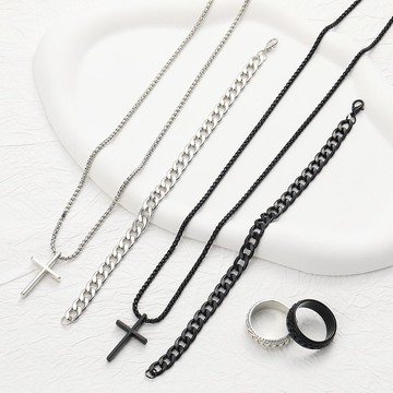 十字架項鏈 戒指 手鏈 首飾三件套套裝 歐美新款時尚裝飾配飾 創意簡約項鏈 氣質項鏈 吊墜 吊飾 裝飾品 穿搭配件