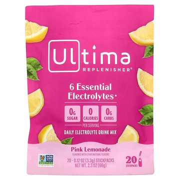 Ultima Replenisher, 6 Essential Electrolytes, Daily Electrolyte Drink Mix, Pink Lemonade, 20 Stickpacks, 0.12 oz (3.3 g) Each