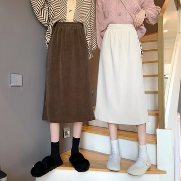 燈芯絨半身裙女2021新款秋冬季中長款卡其色包臀裙后開叉咖色裙子
