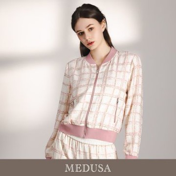 現貨【MEDUSA 曼度莎】輕甜格紋水鑽運動風拉鍊外套（M-XL）｜休閒外著 薄外套 運動風穿搭