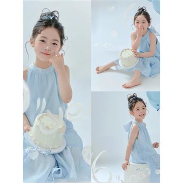 兒童攝影服裝秋季無袖掛脖連衣裙影樓新款洋氣款多巴胺照相公主裙