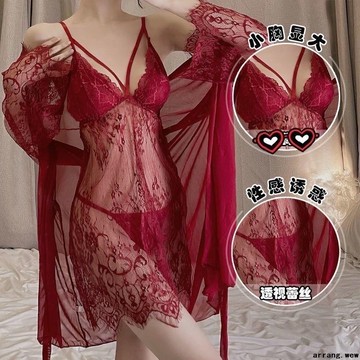 【性感蕾絲深V】特大碼兩件套睡裙套裝 春夏新款性感蕾絲網紗深V吊帶睡衣裙 大尺碼睡裙 大碼睡衣 胸墊睡裙 吊帶睡衣 吊帶