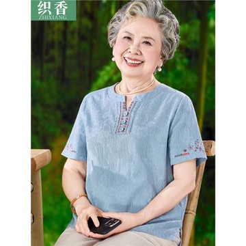 中老年人純棉短袖t恤女媽媽夏裝套裝老太太全棉衣服奶奶夏季上衣