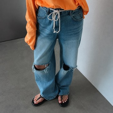 MANIFEST 正韓鬆緊腰綁帶落地寬褲 韓國牛仔褲 韓國女裝 破洞寬褲 破褲 休閒 歐膩穿搭 現貨商品