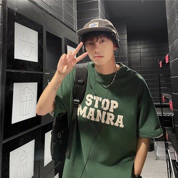 美式重磅t恤男夏季薄款五分袖上衣發泡印花短袖體恤男生半袖衣服