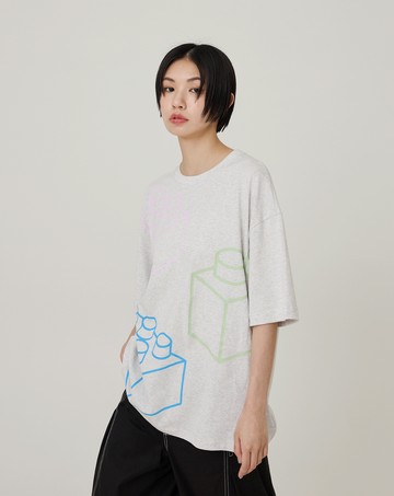 積木線條後簍空假兩件純棉T恤(兩色)