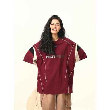 野生阿子美式復古街頭拼接設計感字母短袖T恤男女夏季寬松情侶tee