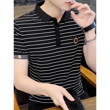 條紋短袖T恤男夏季潮牌ins百搭男裝純棉翻領POLO衫冰絲半袖上衣服