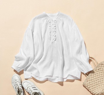 正面荷葉邊設計的可愛法式亞麻100%襯衫 白色 250913-1