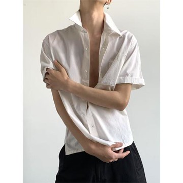 MION 學生手冊 夏季休閑短袖襯衫棉麻翻領 短款襯衣純色男女寬松