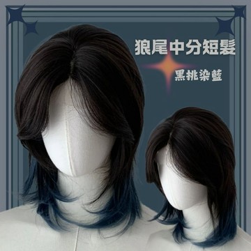 【台灣急速到貨】整頂式假髮 中分 八字瀏海 女生全頭套 現貨 短直髮 漸變藍色 狼尾 男生 自然 日系 鯔魚頭 WIG