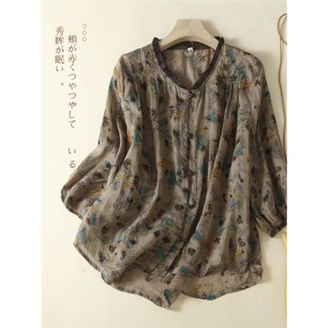 日系高端外貿出口女裝碎花棉麻襯衫女七分袖苧麻小衫薄款亞麻上衣