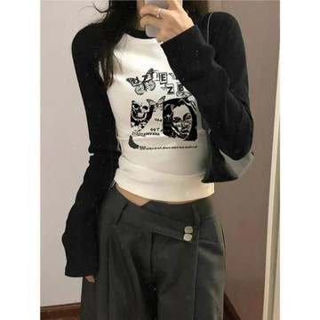 辣妹插肩短款長袖女裝春季新款撞色內搭顯瘦緊身打底T恤上衣ins潮