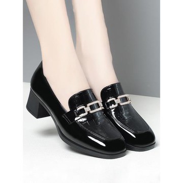 粗跟單鞋女2024新款秋冬深口漆皮樂福女鞋軟底中跟皮鞋黑色工作鞋