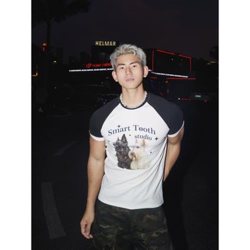 PAPASLILMONSTER美式復古撞色小狗正肩短袖T恤設計感休閑百搭上衣