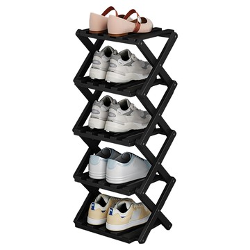 小麥購物 竹製免安裝折疊收納鞋架 L1448 26 x 26 x 71cm 5層  黑色  1個