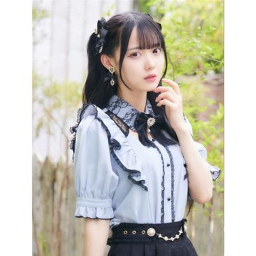 量產型水色蕾絲領結皺褶蕾絲配色短袖襯衫