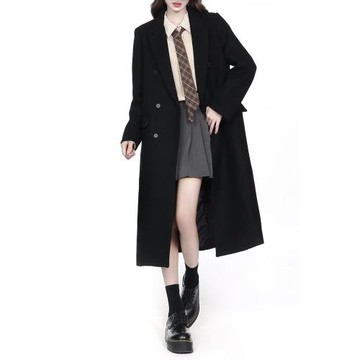 黑色毛呢大衣女設計感2025春季小個子呢子大衣中長款修身百搭外套