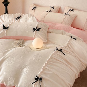 法式公主風牛奶絨床上四件套法蘭珊瑚絨床單被套三件套花邊床裙款