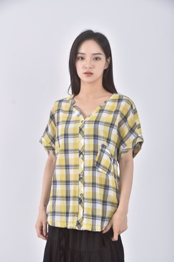 (M) 格紋黃色短袖上衣