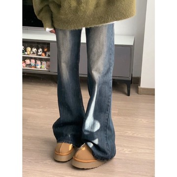 【 𝑭𝒍𝒐𝒘𝒆𝒓𝒔𝒆𝒂】美式復古 水洗做舊 刷毛牛仔褲 微喇牛仔褲女 高腰 直筒 顯瘦 牛仔褲 寬鬆褲子 長褲