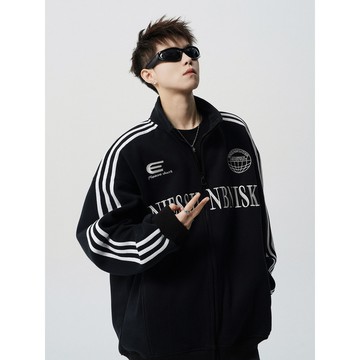 ⚡台灣出貨⚡美式條紋休閒夾克男 春潮牌字母印花外套 vibe高街百搭情侶開衫衛衣 設計感刺綉立領夾克 潮牌寬鬆休閑外套