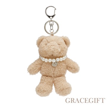 【Grace Gift】幸福珍珠愛心毛絨小熊吊飾 淺棕