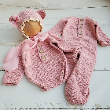 熊新生兒粗花呢帽、連身衣、服裝、枕頭/攝影道具