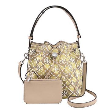 TORY BURCH 166273 T Monogram 網眼布圓點花紋水桶包.淺褐色