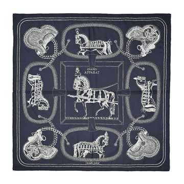 Hermes 愛馬仕 Grand Apparat 90 cm 手工刺繡小玻璃珠裝飾手工捲邊斜紋真絲方巾(黑色/奶油)_廠商直送