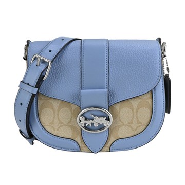 COACH Georgie 圓框馬車logo拼接PVC斜背馬鞍包(卡其石灰藍)