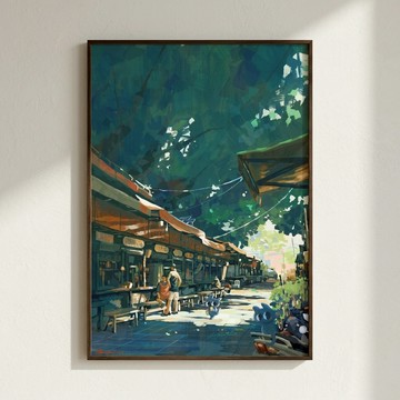 Nuomi 諾米 | 樹下的小吃攤-台灣街景插畫 - 銀色鋁框-中尺寸：50 x 70 cm