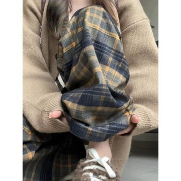 黃色格子褲子女秋冬加絨2025新款高腰垂感休閑顯瘦復古直筒闊腿褲