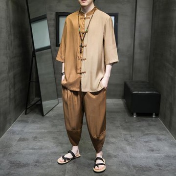 男士短袖t恤男夏季薄款中國風男裝漢服套裝寬松潮流中式冰絲唐裝