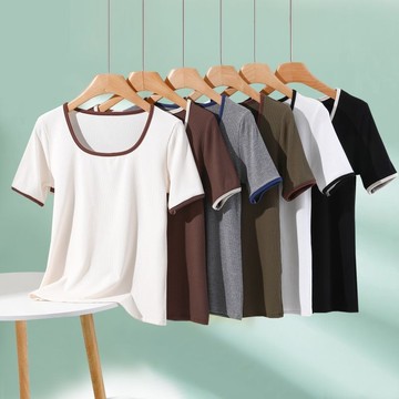 胖胖美依 上衣 凜感衣 短袖T卹 莫代爾 M-2XL 新款螺紋莫代爾U領短袖拼色打底衫薄款上衣-4862.