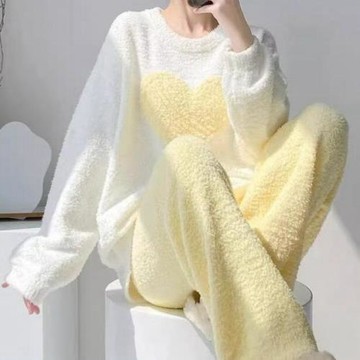 網紅大桃心睡衣女冬季春秋珊瑚絨甜美加厚絨法蘭絨保暖巴多胺套裝