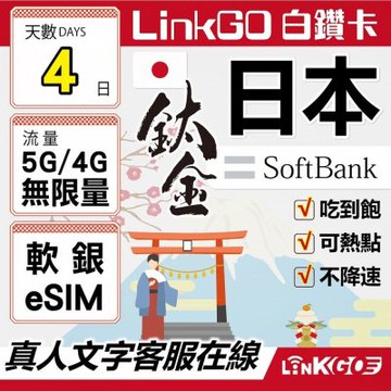 LINKGO白鑽卡 日本 eSIM卡 Softbank 4天鈦金款吃到飽不降速(日本網卡 東京 大阪 福岡 北海道 沖繩)