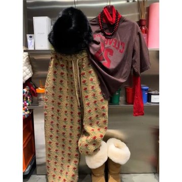 韓版chic冷淡系美拉德風穿搭搖粒絨碎花休閑衛褲軟糯慵懶風長褲女