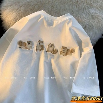 【棉花糖女孩穿搭】美式趣味柴犬印花短袖T恤男女夏季ins寬鬆oversize薄款情侶體恤衫大尺碼Tee VK3