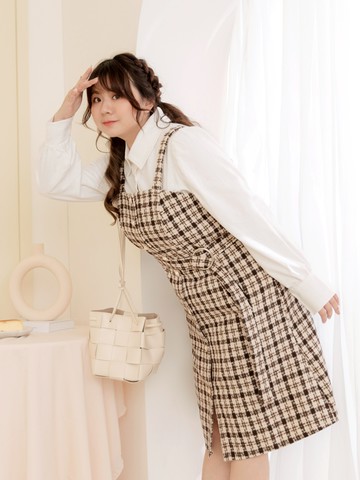 雲朵自訂款-小香風毛呢珍珠排釦吊帶洋裝(附腰帶)