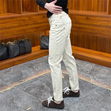 2025秋冬季重工復古刺繡米白色小腳直筒牛仔褲男修身輕奢長褲子潮