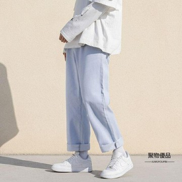 闊腿牛仔褲男松緊腰抽繩春夏束腳褲子寬鬆直筒學生港風長褲【聚物優品】