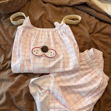 【臺灣出貨】夏季格子酷貓帶胸墊吊帶睡衣女新款可愛少女休閒短褲家居服...0504
