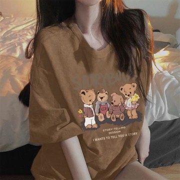 oversize美式復古小熊短袖t恤女夏季2025年新款純棉體恤棕色上衣
