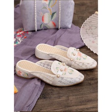 2025新款中國風繡花拖鞋平底尖頭網紗鞋透氣百搭老北京布鞋旗袍鞋