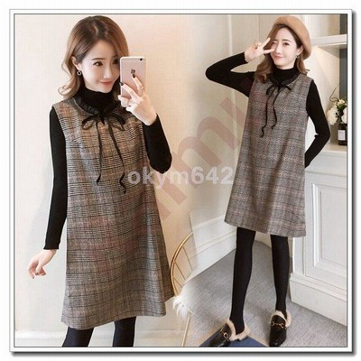 ワンピース2点セット レディース 40代 きれいめ マタニティーワンピース 秋服 長袖ニットトップス 黒 チェック柄ベストスカート セットアップ オシャレ