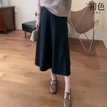 初色 法式復古純色毛呢高腰中長款A字裙傘裙中長裙半身裙-共4色-17750(M-XL可選)